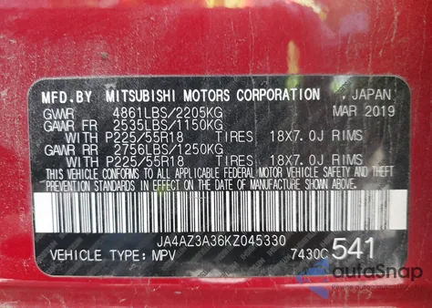 2019 Mitsubishi Outlander Se from USA, damaged, VIN JA4AZ3A36KZ045330
